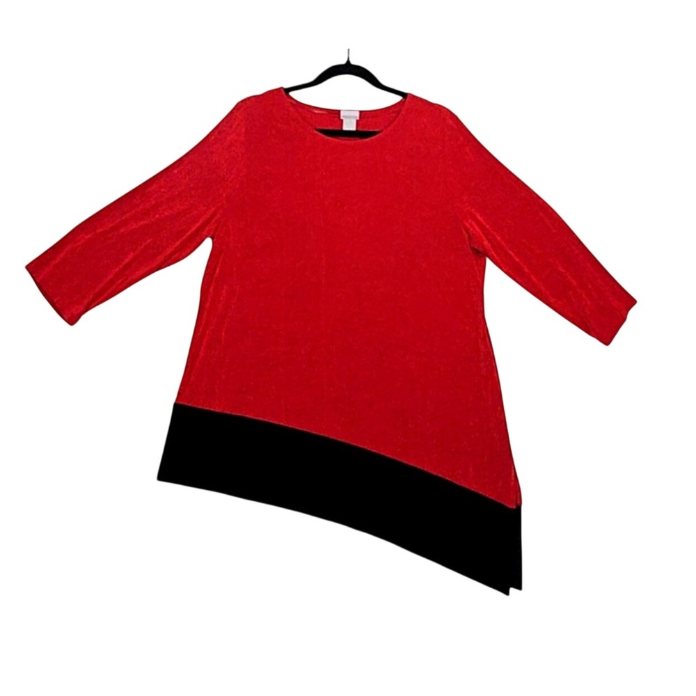 Chicos Travelers Top L 12 2 Christmas tunic Slinky Asymmetric Red Black 3/4